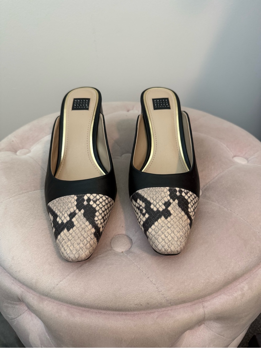 White House Black Market Black Leather Mules with Beige Snake-Print Toe